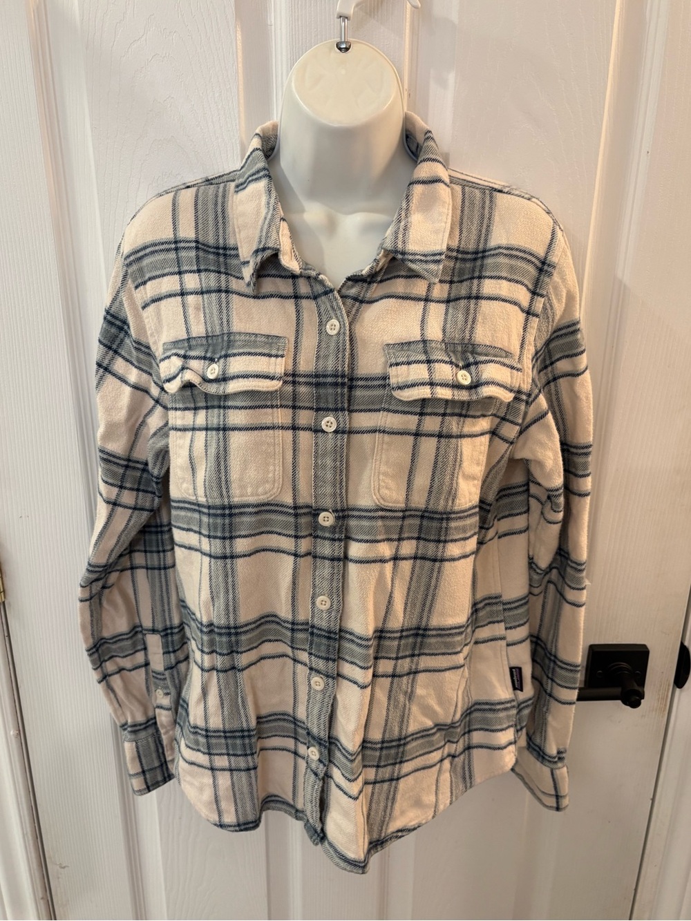Patagonia Cream and Gray Plaid Button-Down Shirt